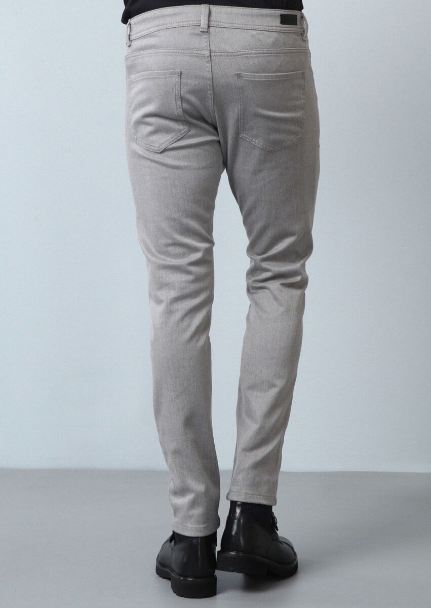 Gri Düz Dokuma Slim Fit Casual Pamuk Karışımlı Pantolon - 5