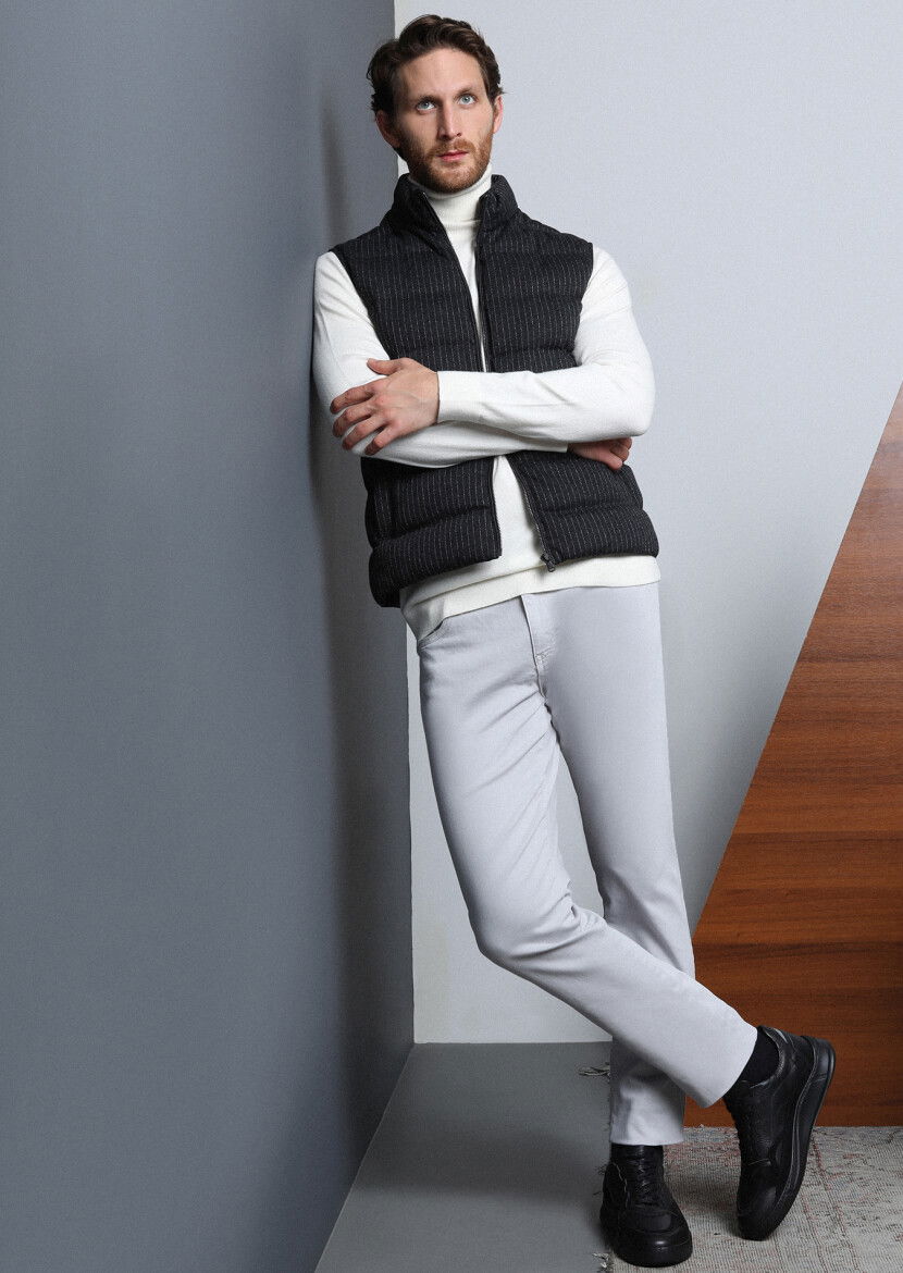 Gri Düz Dokuma Slim Fit Casual Pamuk Karışımlı Pantolon 