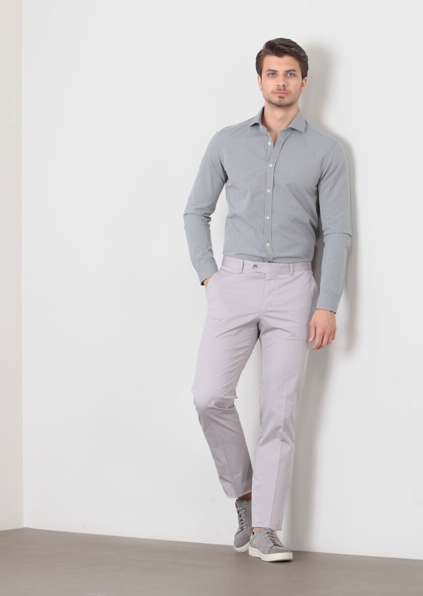 Gri Düz Kumaş Modern Fit Klasik Pamuk Karışımlı Pantolon - 2