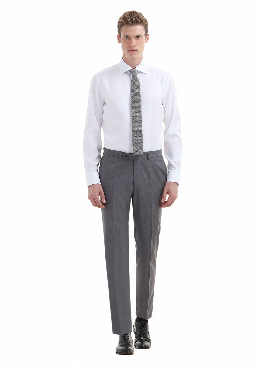 Gri Düz Kumaş Regular Fit Klasik %100 Yün Pantolon - 1