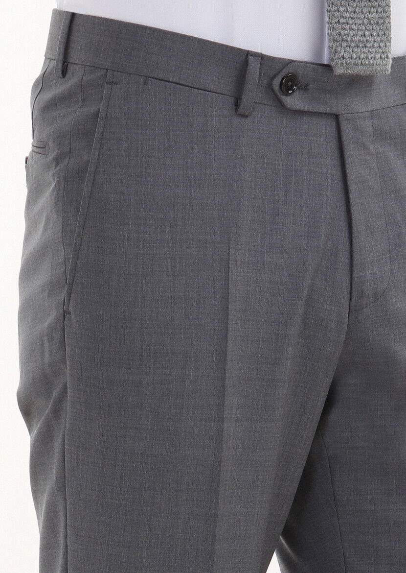 Gri Düz Kumaş Regular Fit Klasik %100 Yün Pantolon - 3
