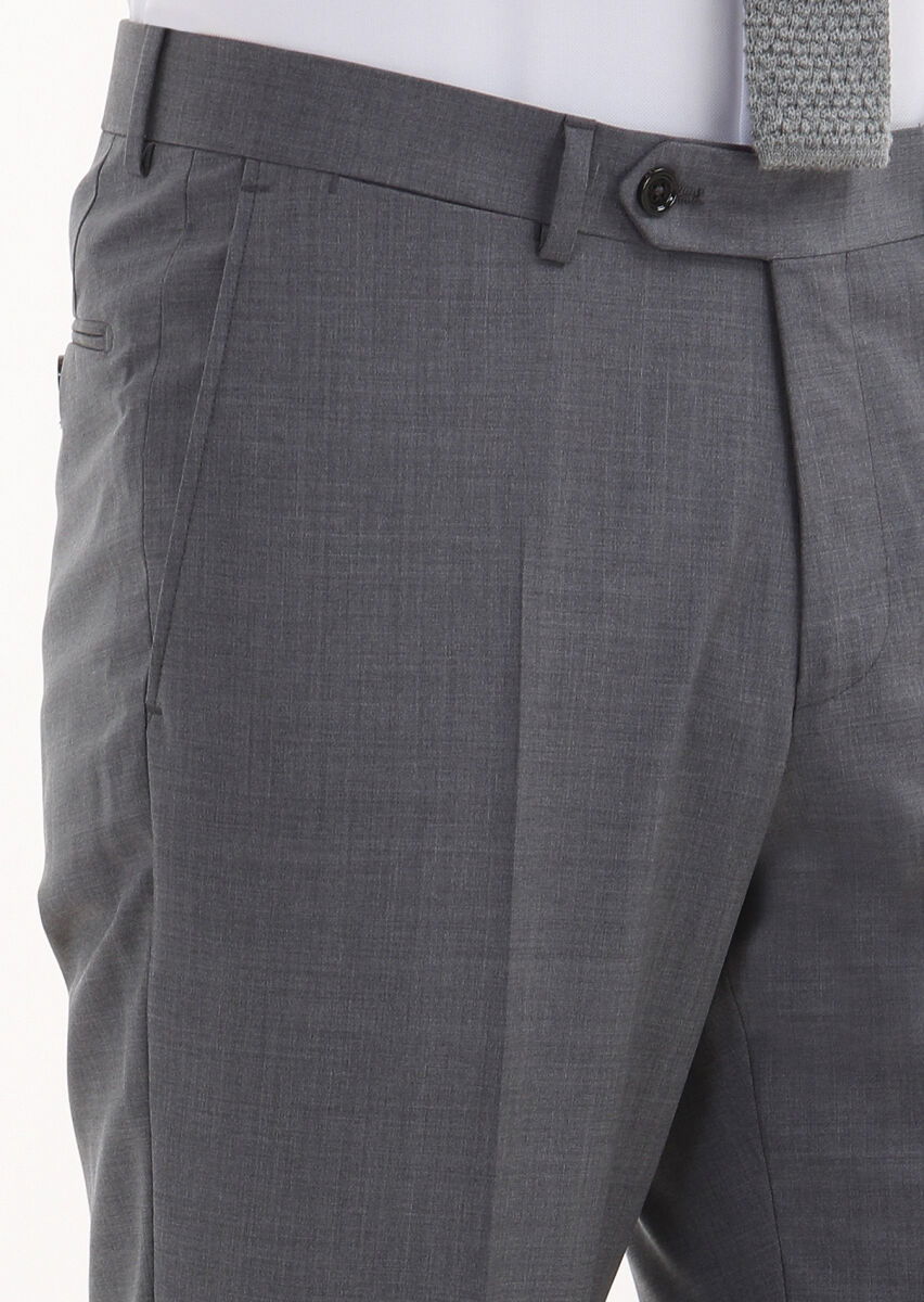Gri Düz Kumaş Regular Fit Klasik %100 Yün Pantolon - 3