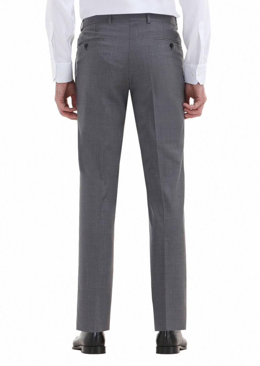 Gri Düz Kumaş Regular Fit Klasik %100 Yün Pantolon - 4