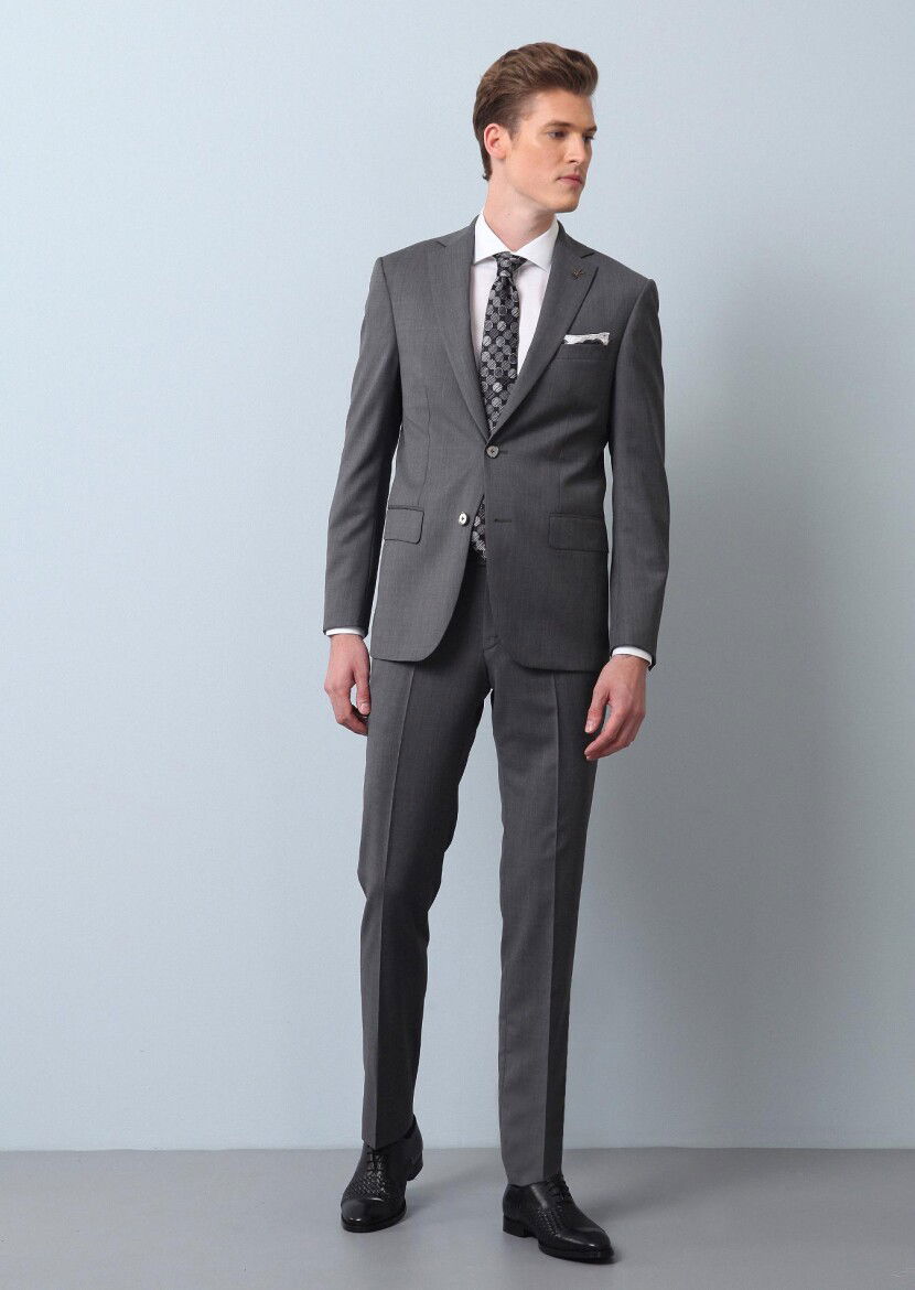 Gri Düz Modern Fit %100 Yün Takım Elbise - 1