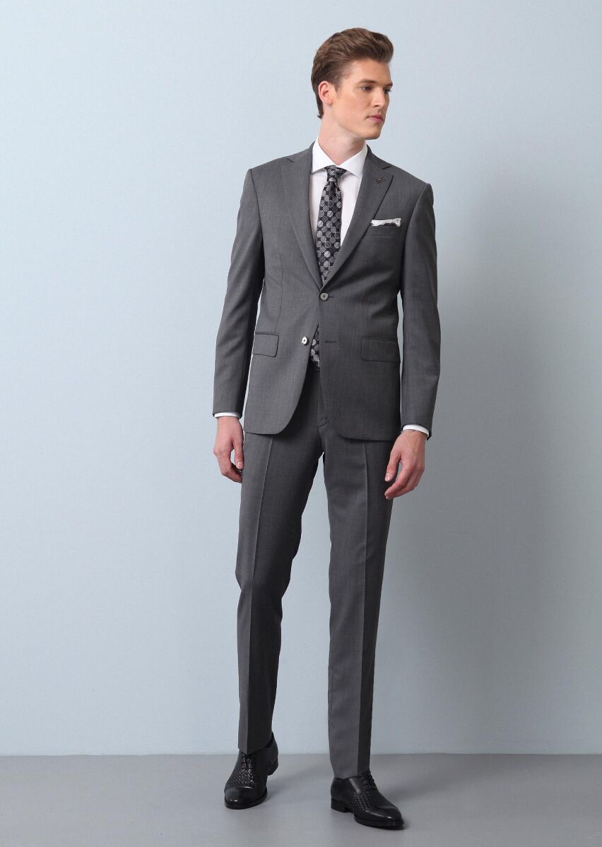 Gri Düz Modern Fit %100 Yün Takım Elbise - 1
