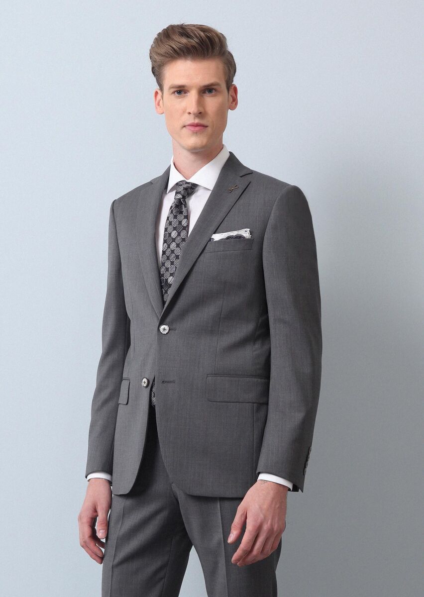 Gri Düz Modern Fit %100 Yün Takım Elbise - 2