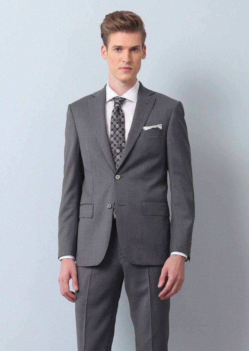 Gri Düz Modern Fit %100 Yün Takım Elbise - 3