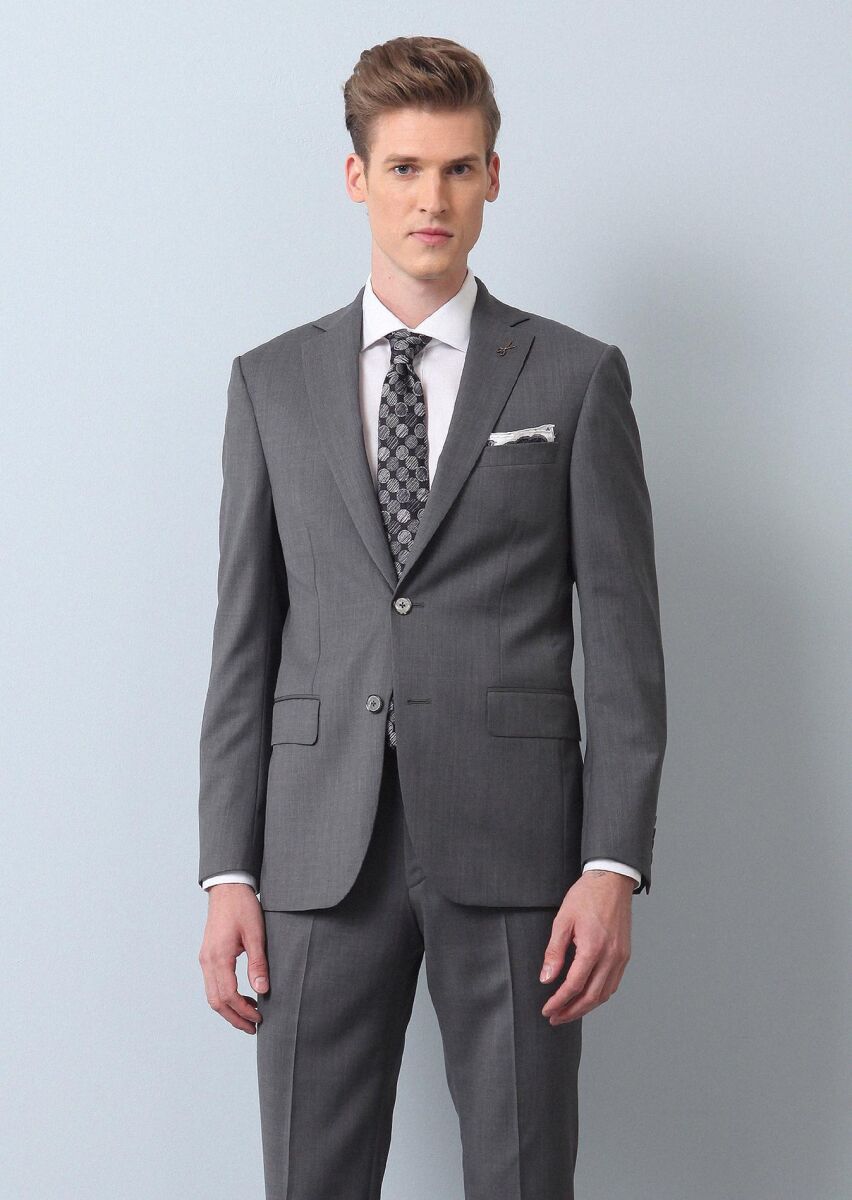 Gri Düz Modern Fit %100 Yün Takım Elbise - 3