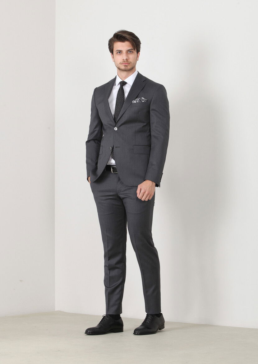 Gri Düz Modern Fit Yün Karışımlı Takım Elbise - 1