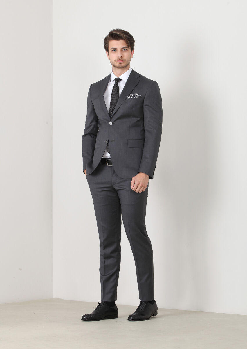 Gri Düz Modern Fit Yün Karışımlı Takım Elbise - 1