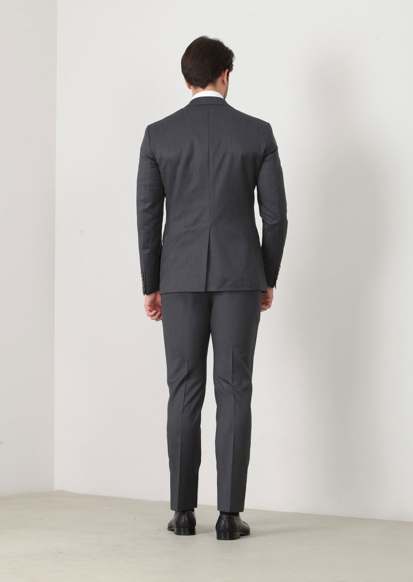 Gri Düz Modern Fit Yün Karışımlı Takım Elbise - 4