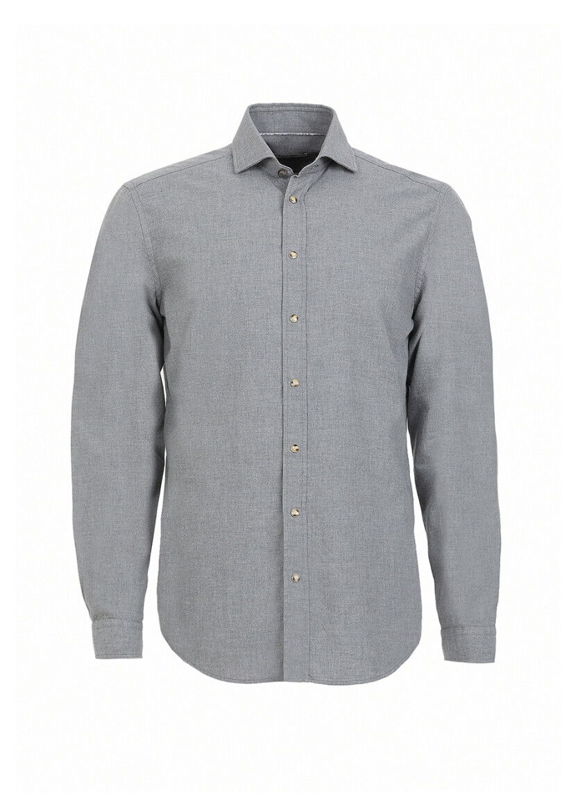 Gri Düz Regular Fit Dokuma Casual %100 Pamuk Gömlek - 6