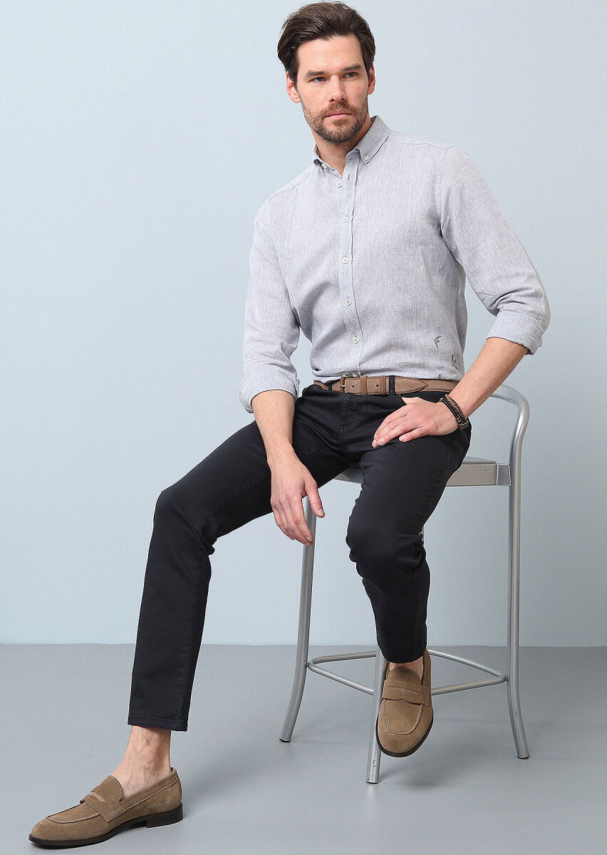 Gri Düz Regular Fit Dokuma Casual Pamuk Karışımlı Gömlek - 1