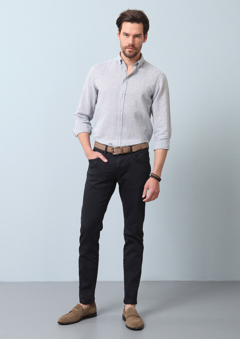 Gri Düz Regular Fit Dokuma Casual Pamuk Karışımlı Gömlek - 4