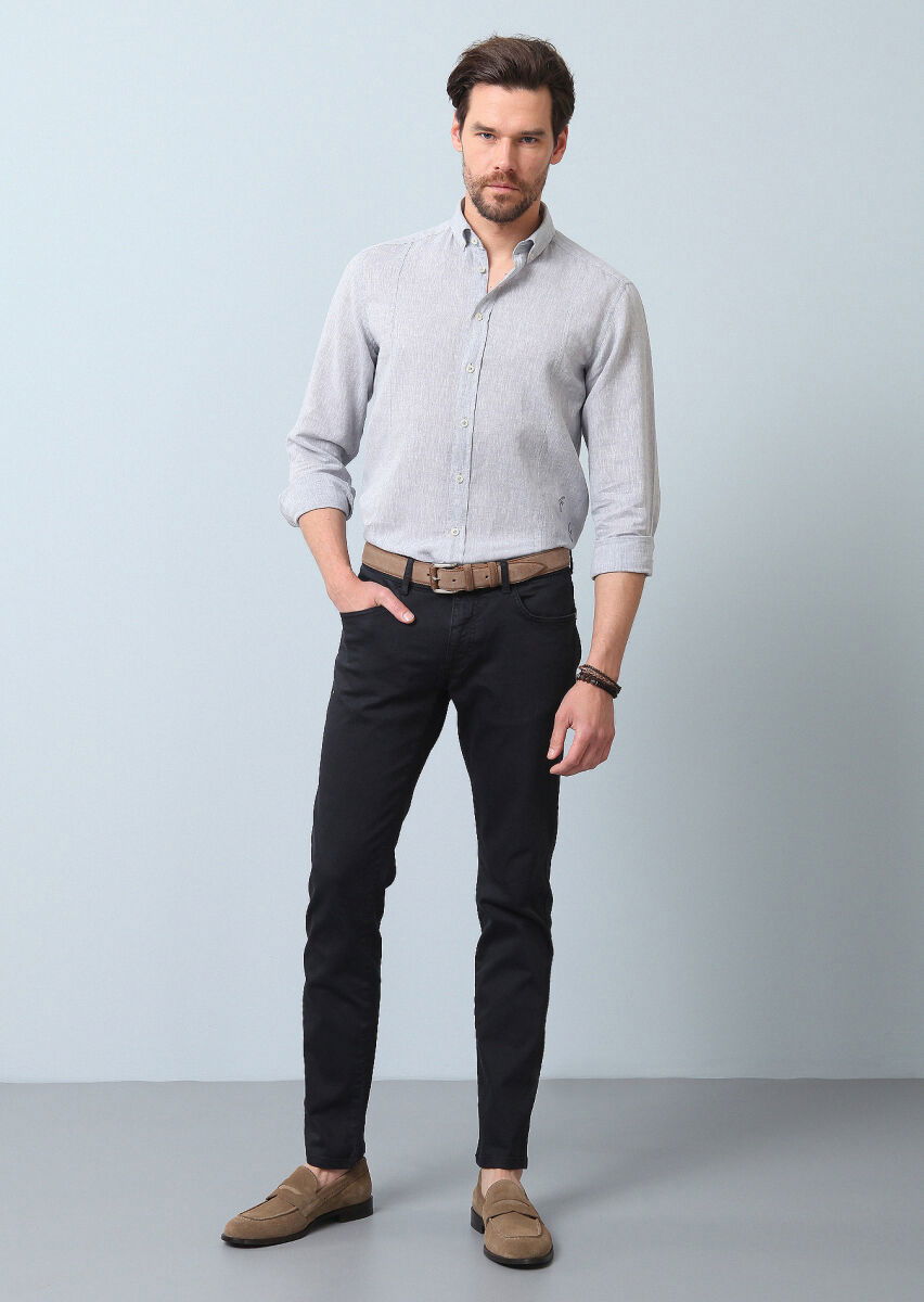 Gri Düz Regular Fit Dokuma Casual Pamuk Karışımlı Gömlek - 4