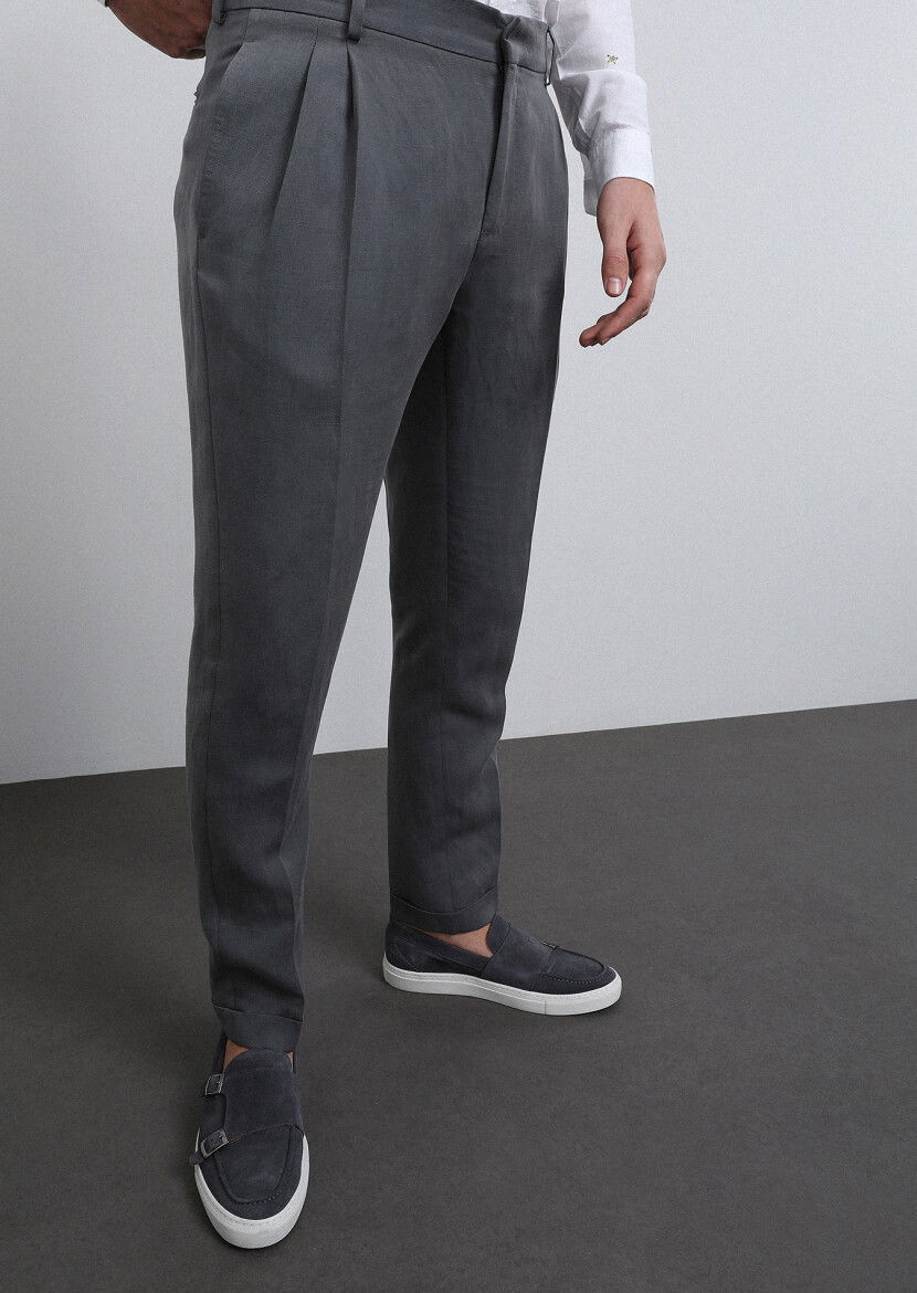 Gri Düz Shirt Shoulder Slim Fit Keten Karışımlı Takım Elbise - 2