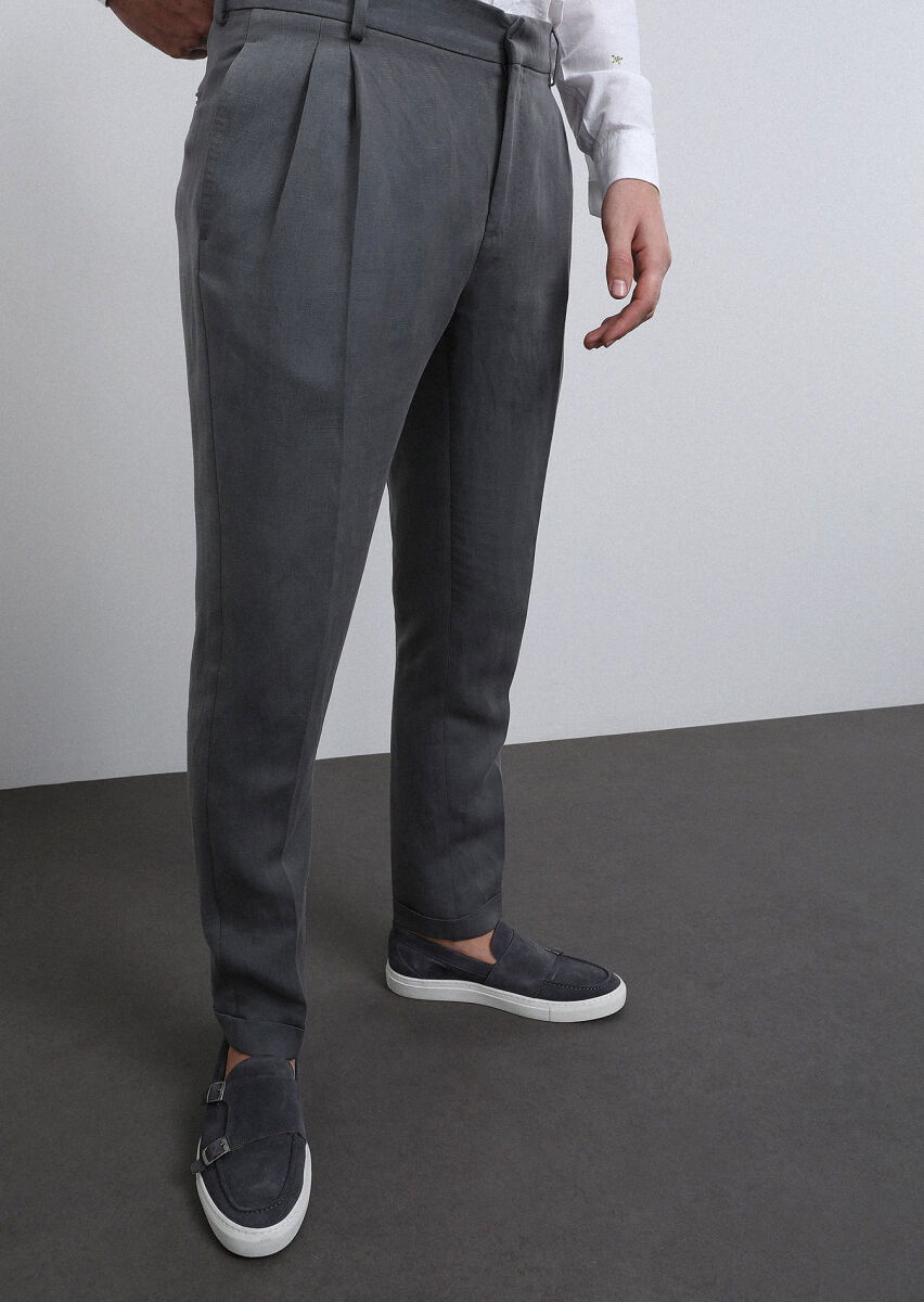 Gri Düz Shirt Shoulder Slim Fit Keten Karışımlı Takım Elbise - 2