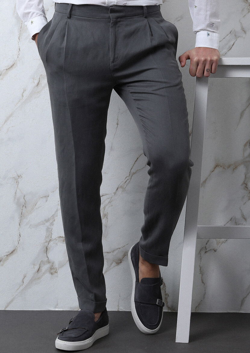 Gri Düz Shirt Shoulder Slim Fit Keten Karışımlı Takım Elbise - 5
