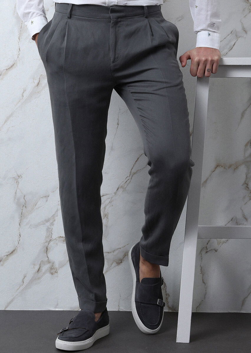 Gri Düz Shirt Shoulder Slim Fit Keten Karışımlı Takım Elbise - 5