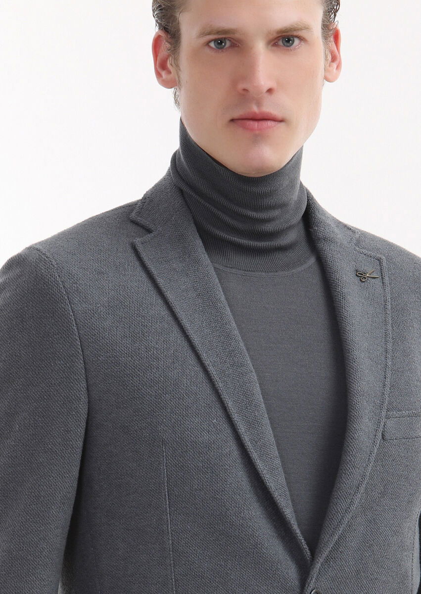 Gri Düz Shirt Shoulder Slim Fit Pamuk Karışımlı Örme Ceket - 3