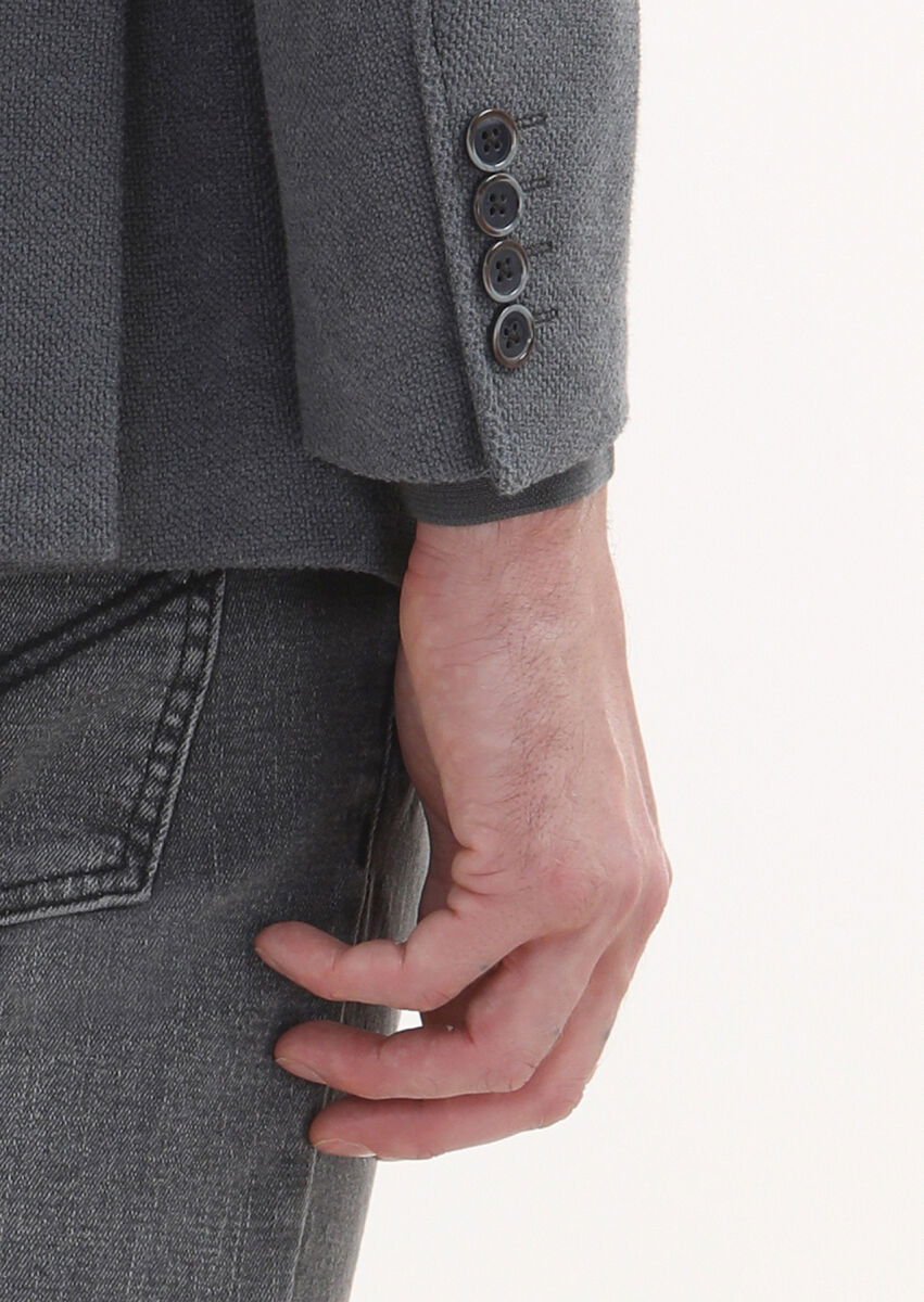 Gri Düz Shirt Shoulder Slim Fit Pamuk Karışımlı Örme Ceket - 4