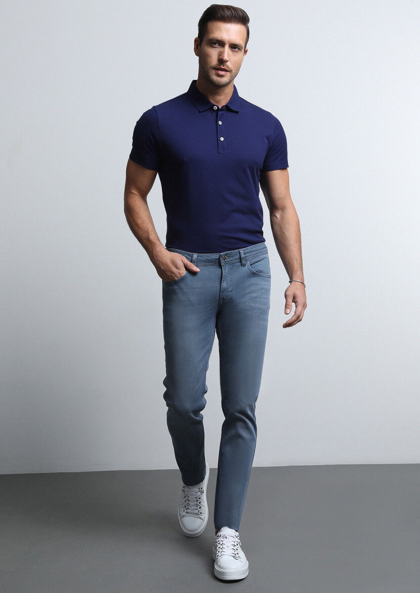 Gri Düz Slim Fit Denim Pamuk Karışımlı Pantolon - 4