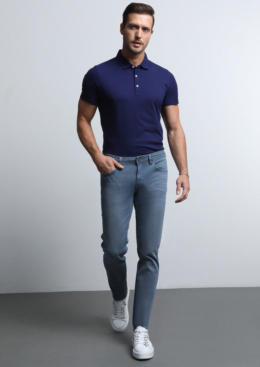 Gri Düz Slim Fit Denim Pamuk Karışımlı Pantolon - 4