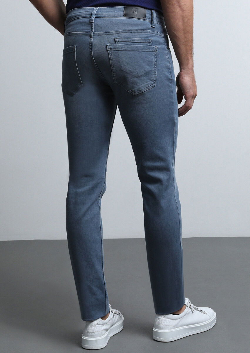 Gri Düz Slim Fit Denim Pamuk Karışımlı Pantolon - 5