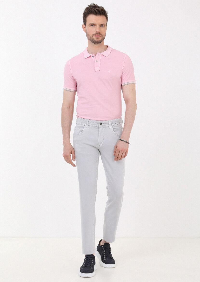 Gri Düz Slim Fit Denim Pamuk Karışımlı Pantolon - 1