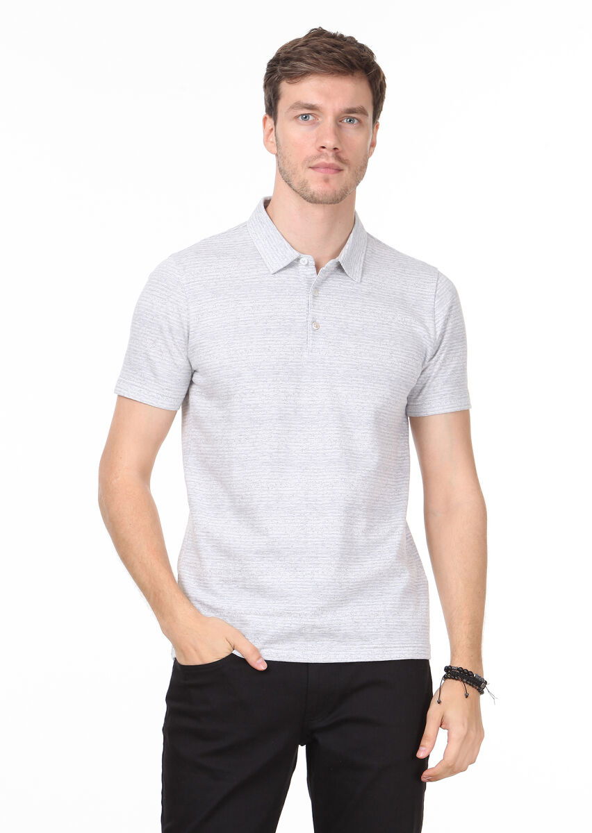 Gri Jakarlı Polo Yaka %100 Pamuk T-Shirt - 1
