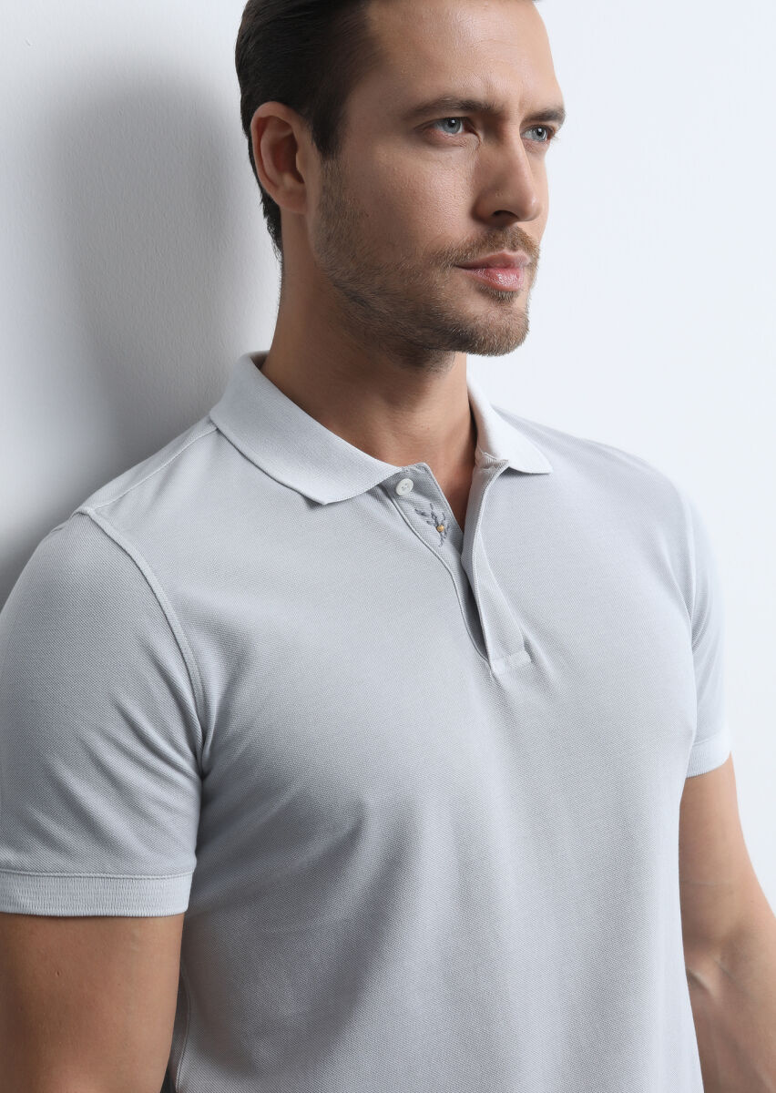 Gri Jakarlı Polo Yaka %100 Pamuk T-Shirt - 1