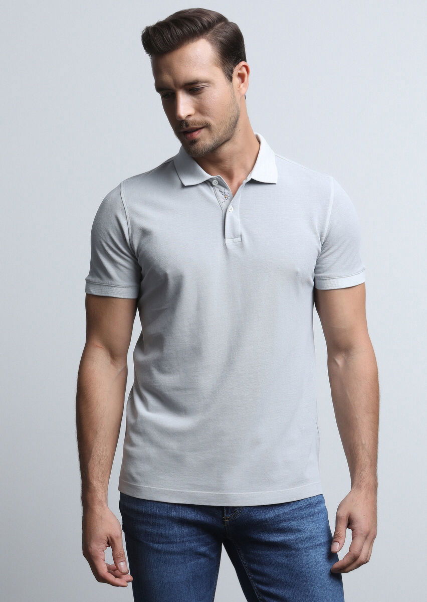 Gri Jakarlı Polo Yaka %100 Pamuk T-Shirt - 3