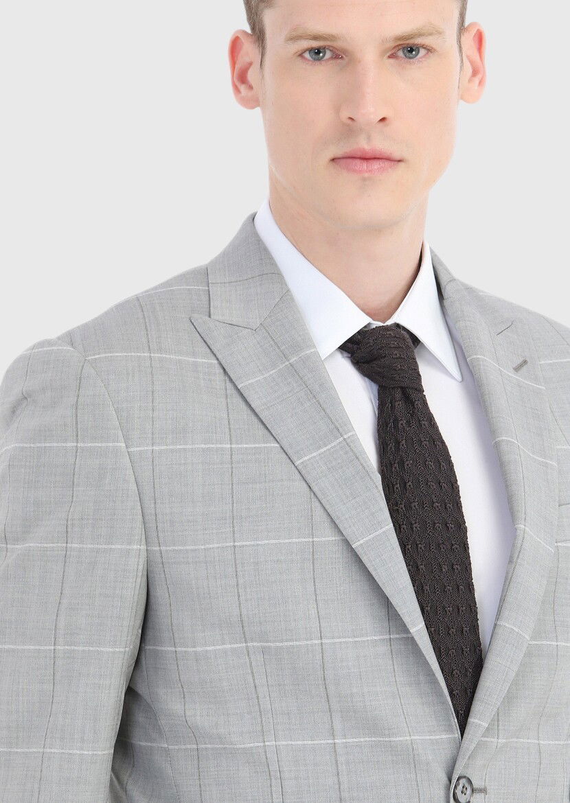 Gri Kareli Modern Fit Yün Karışımlı Takım Elbise - 3