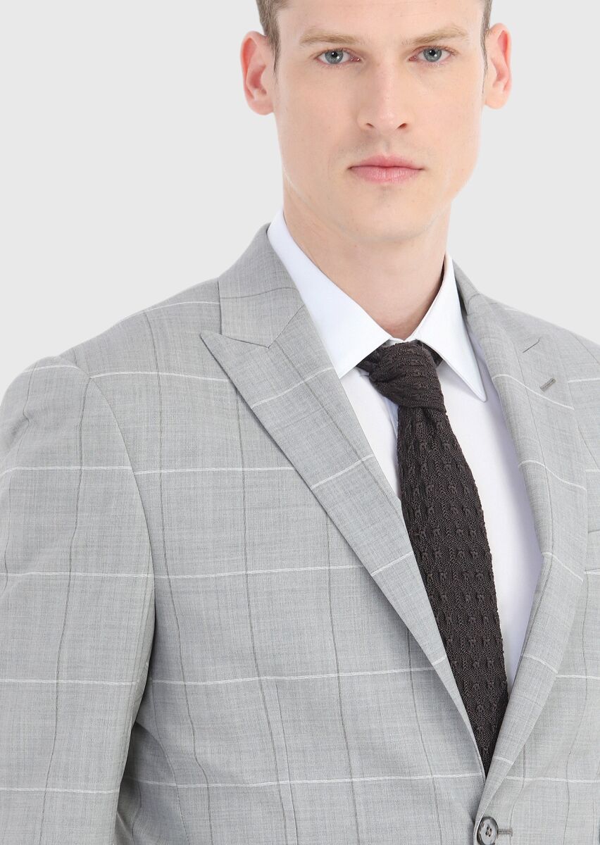 Gri Kareli Modern Fit Yün Karışımlı Takım Elbise - 3