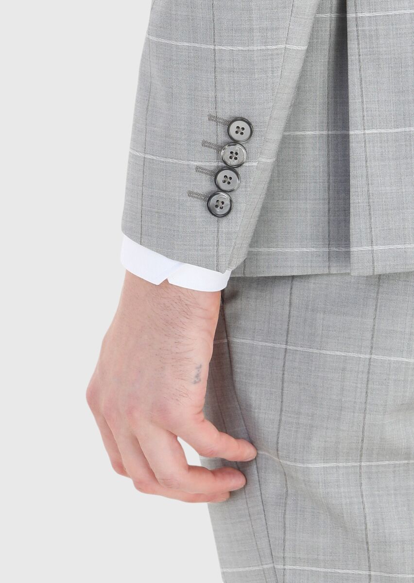 Gri Kareli Modern Fit Yün Karışımlı Takım Elbise - 4