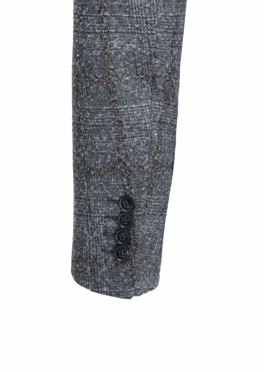Gri Kareli Yün Karışımlı Ceket - 4