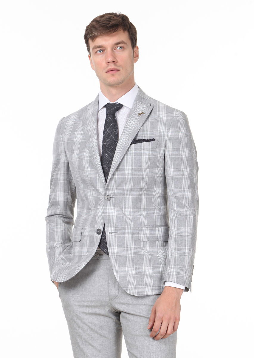 Gri Kareli Zeroweight Slim Fit İpek Karışımlı Takım Elbise - 1