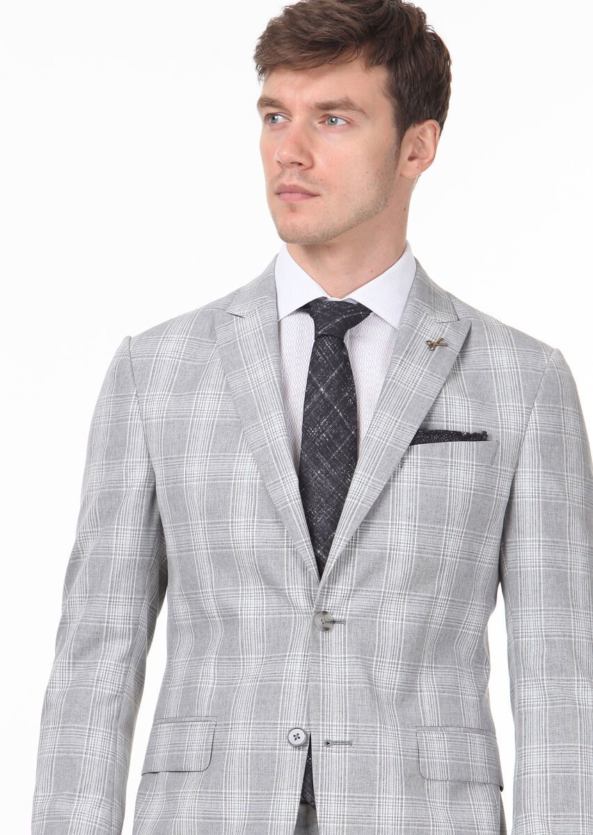 Gri Kareli Zeroweight Slim Fit İpek Karışımlı Takım Elbise - 2