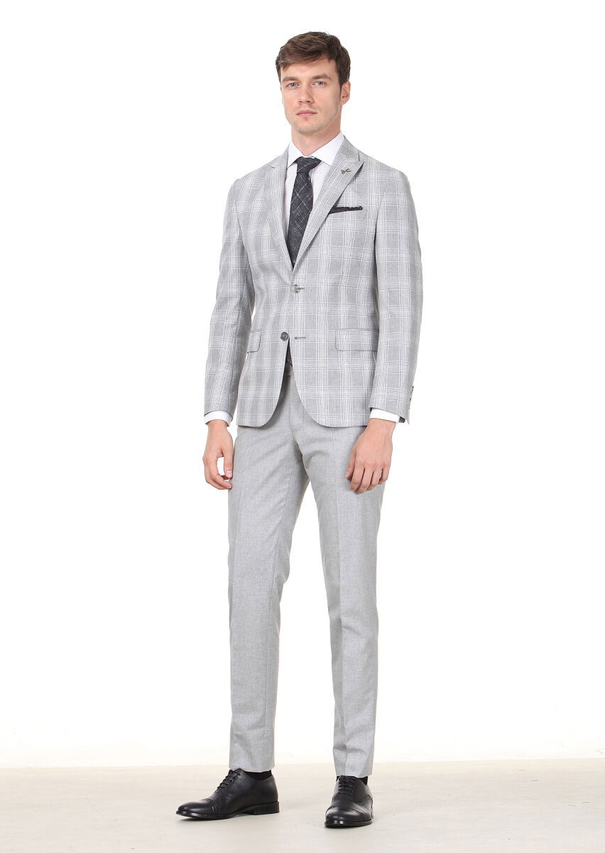 Gri Kareli Zeroweight Slim Fit İpek Karışımlı Takım Elbise - 3