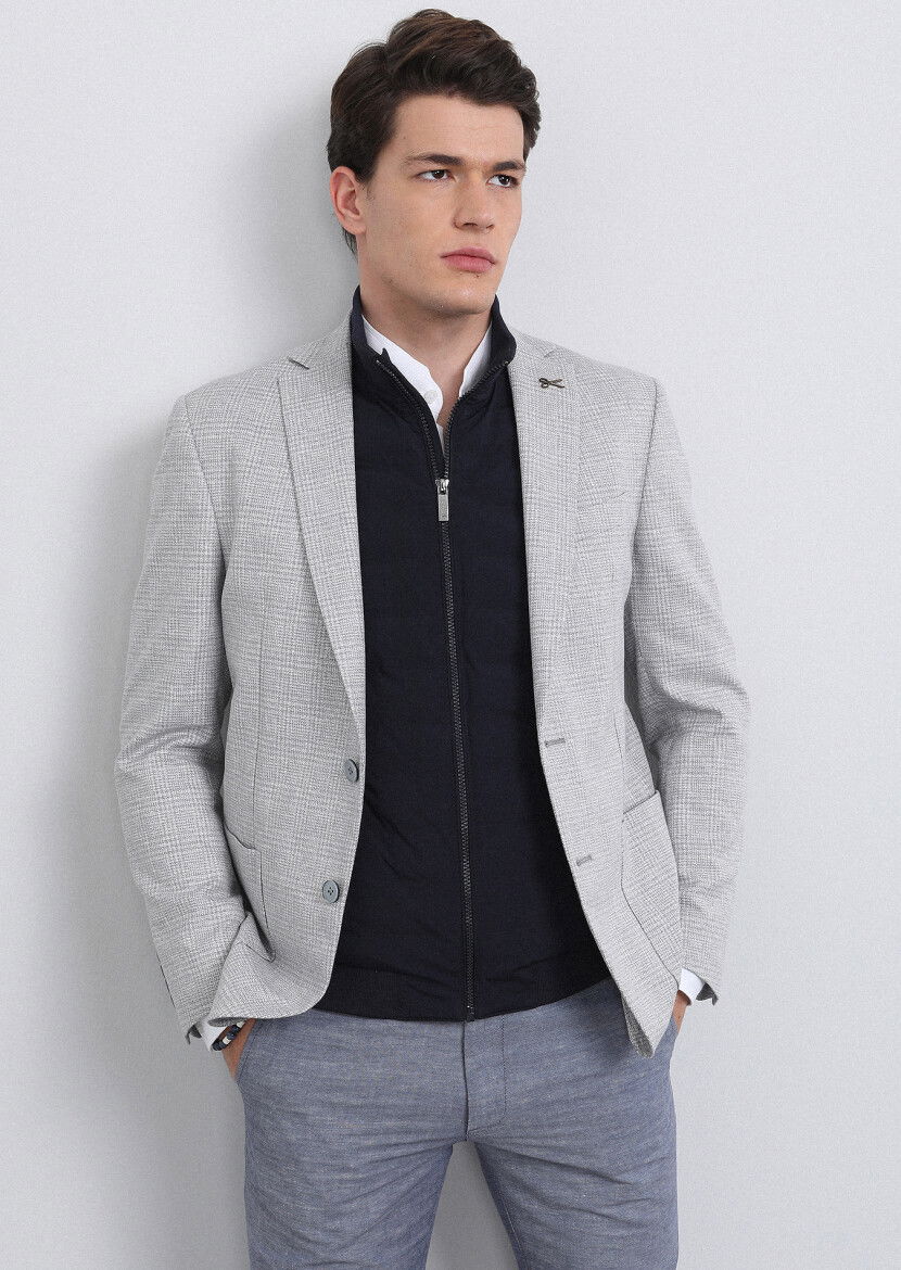Gri Kareli Zeroweight Slim Fit Pamuk Karışımlı Ceket - 2