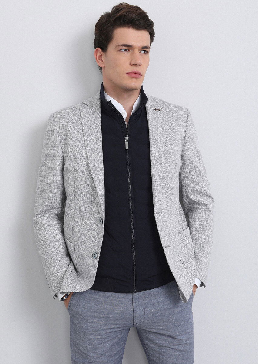 Gri Kareli Zeroweight Slim Fit Pamuk Karışımlı Ceket - 2