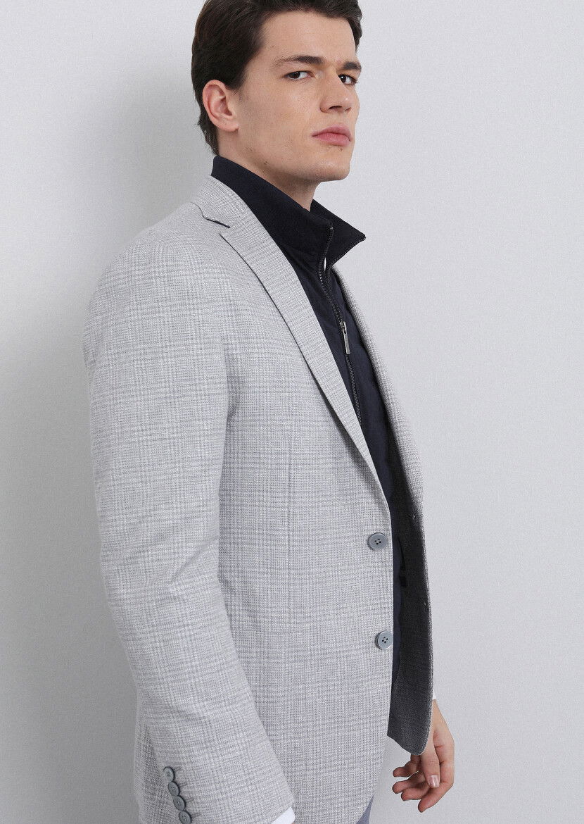 Gri Kareli Zeroweight Slim Fit Pamuk Karışımlı Ceket - 4