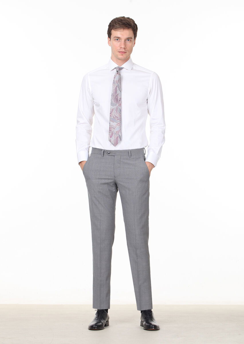 Gri Kumaş Modern Fit Klasik %100 Yün Pantolon - 2