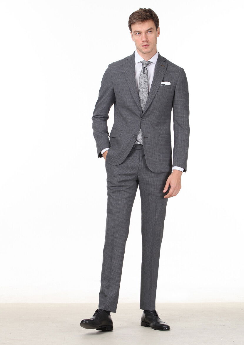 Gri Mikro Zeroweight Slim Fit %100 Yün Takım Elbise - 3