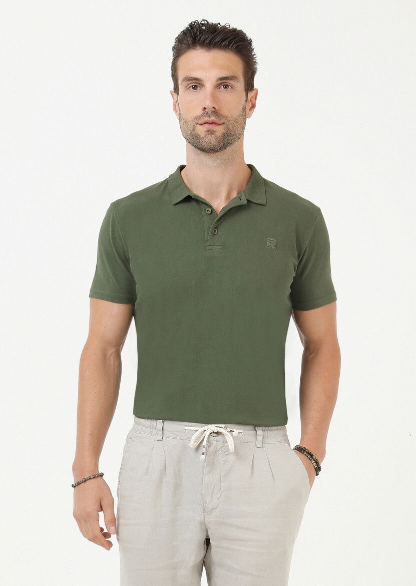 Haki Baskılı Polo Yaka %100 Pamuk T-Shirt 