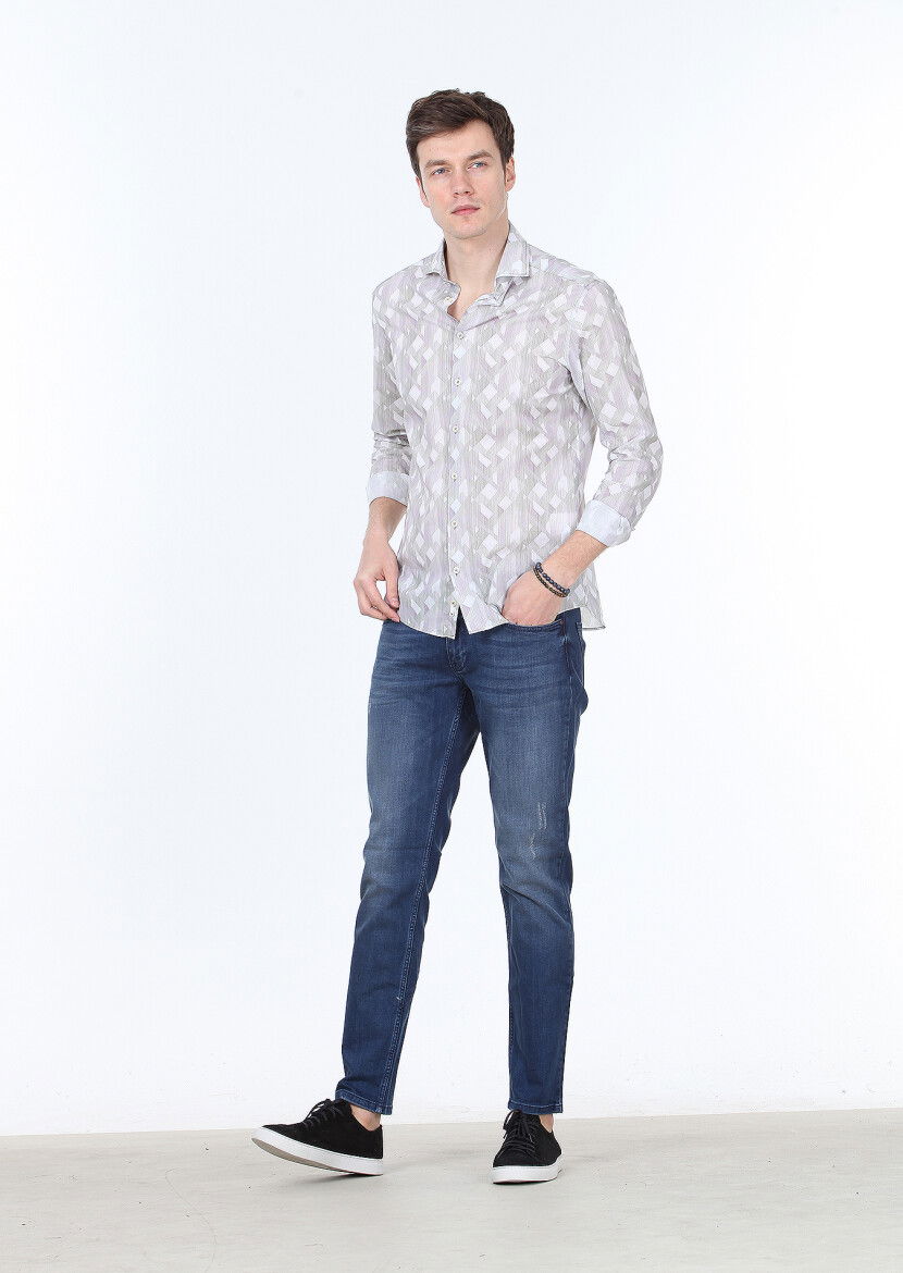Haki Baskılı Slim Fit Dokuma Casual %100 Pamuk Gömlek - 2