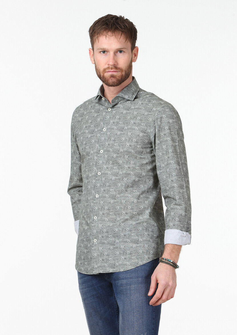 Haki Baskılı Slim Fit Dokuma Casual %100 Pamuk Gömlek - 1