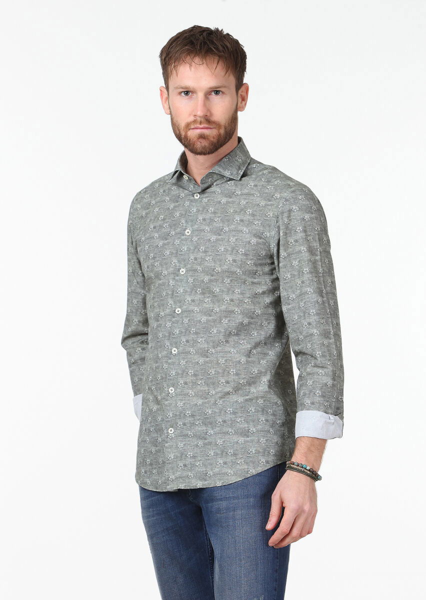 Haki Baskılı Slim Fit Dokuma Casual %100 Pamuk Gömlek - 1
