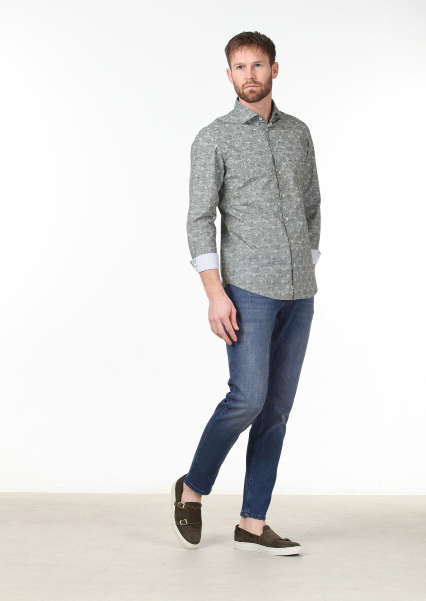 Haki Baskılı Slim Fit Dokuma Casual %100 Pamuk Gömlek - 2