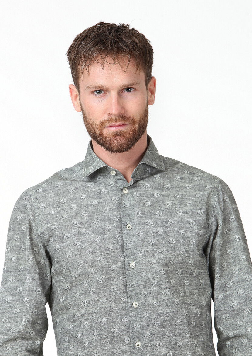 Haki Baskılı Slim Fit Dokuma Casual %100 Pamuk Gömlek - 3
